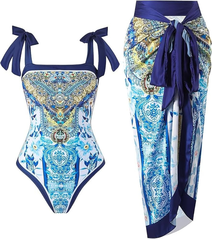 One Piece Bathing Suit for Women with Beach Cover up Wrap Skirt Swimsuit Sarong Retro Floral Prin... | Amazon (US)