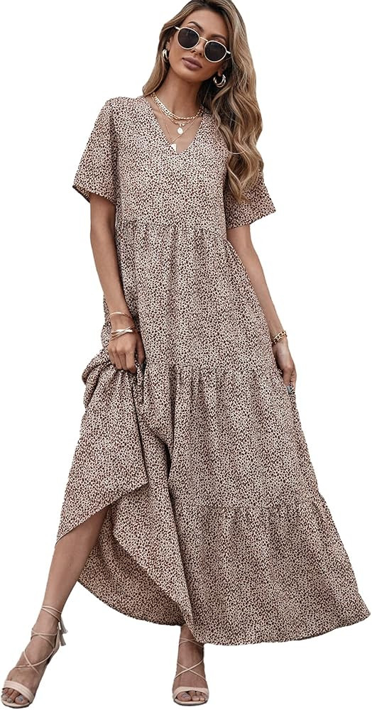 Floerns Women's Boho Ditsy Floral Short Sleeve A Line Flared Midi Dress | Amazon (US)