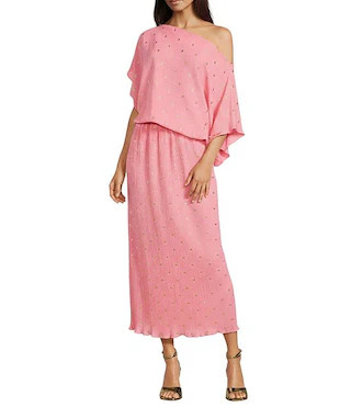 Never Fully Dressed Tilly Plisse Gold Fleck Print One Shoulder Neck Short Sleeve Maxi Dress | Dil... | Dillard's