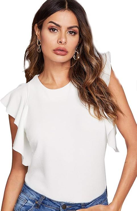 Romwe Women's Stretchy Flutter Sleeve Slim Solid Elegant Blouse Top | Amazon (US)