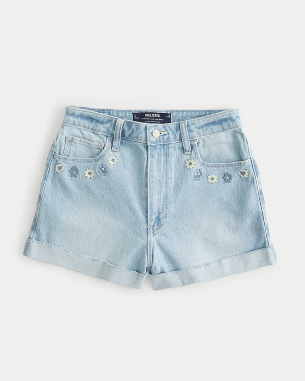 Ultra High-Rise Light Wash Embroidered Denim Mom Shorts | Hollister (US)
