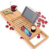 Luxury Bamboo Bathtub Caddy Tray - Adjustable Natural Wood Bath Tub Organizer with Wine Holder, C... | Amazon (US)