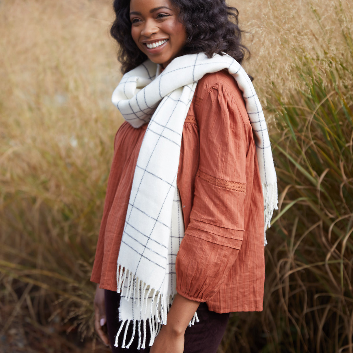 Checked Cream Merino Wool Wrap | Terrain