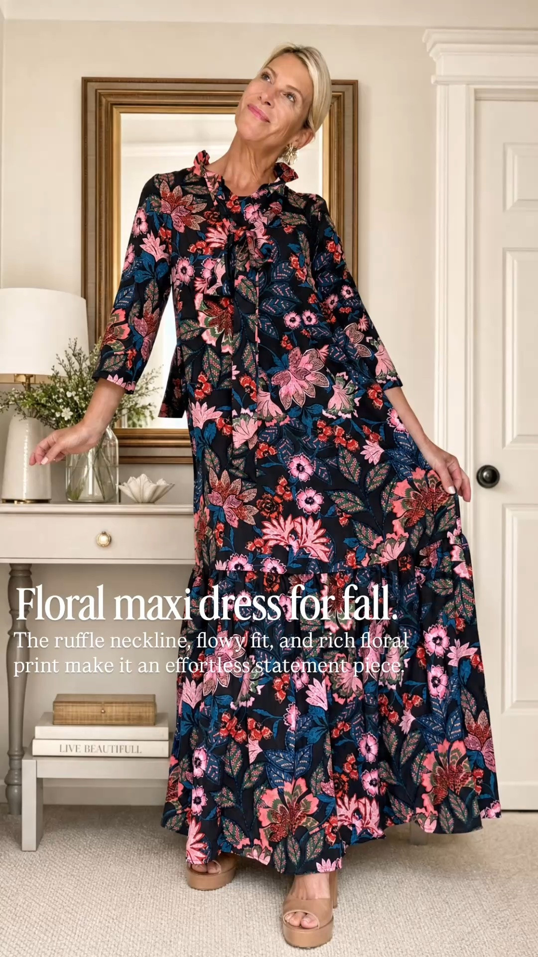 This floral maxi dress is such a beautiful choice for fall weddings, church, holiday gatherings, and dinner out. The ruffle neckline, flowy fit, and rich floral print make it an effortless statement piece you’ll reach for all season.

👩‍💻 LTK PRO TIPS
❤️ Heart = Support my posts ;-)
🔖 Save = Get sale & restock alerts for the things you love!
📋 Lists = Keep favorites organized (List ideas: Christmas, Birthdays, and Vacations!)
📲 Share = Send lists and products to a friend (or your daughters like me).
💬 Comment = Ask me anything, and I’ll answer. ;-)

#LTKootd #LTKOver40 #LTKSeasonal