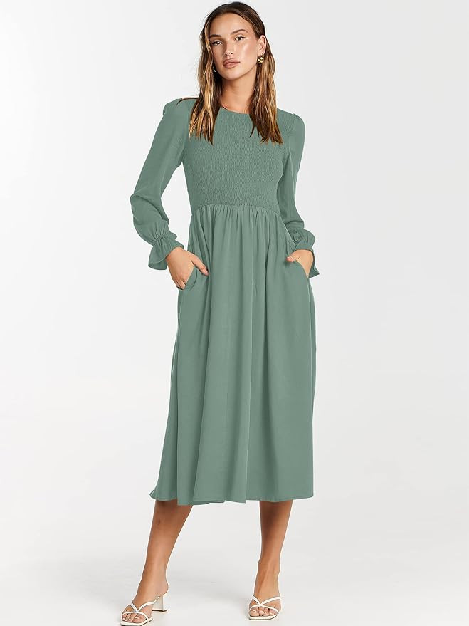 ANRABESS Women's Casual Crew Neck Long Puff Sleeve Smocked High Waist Flowy Midi Dress | Amazon (US)