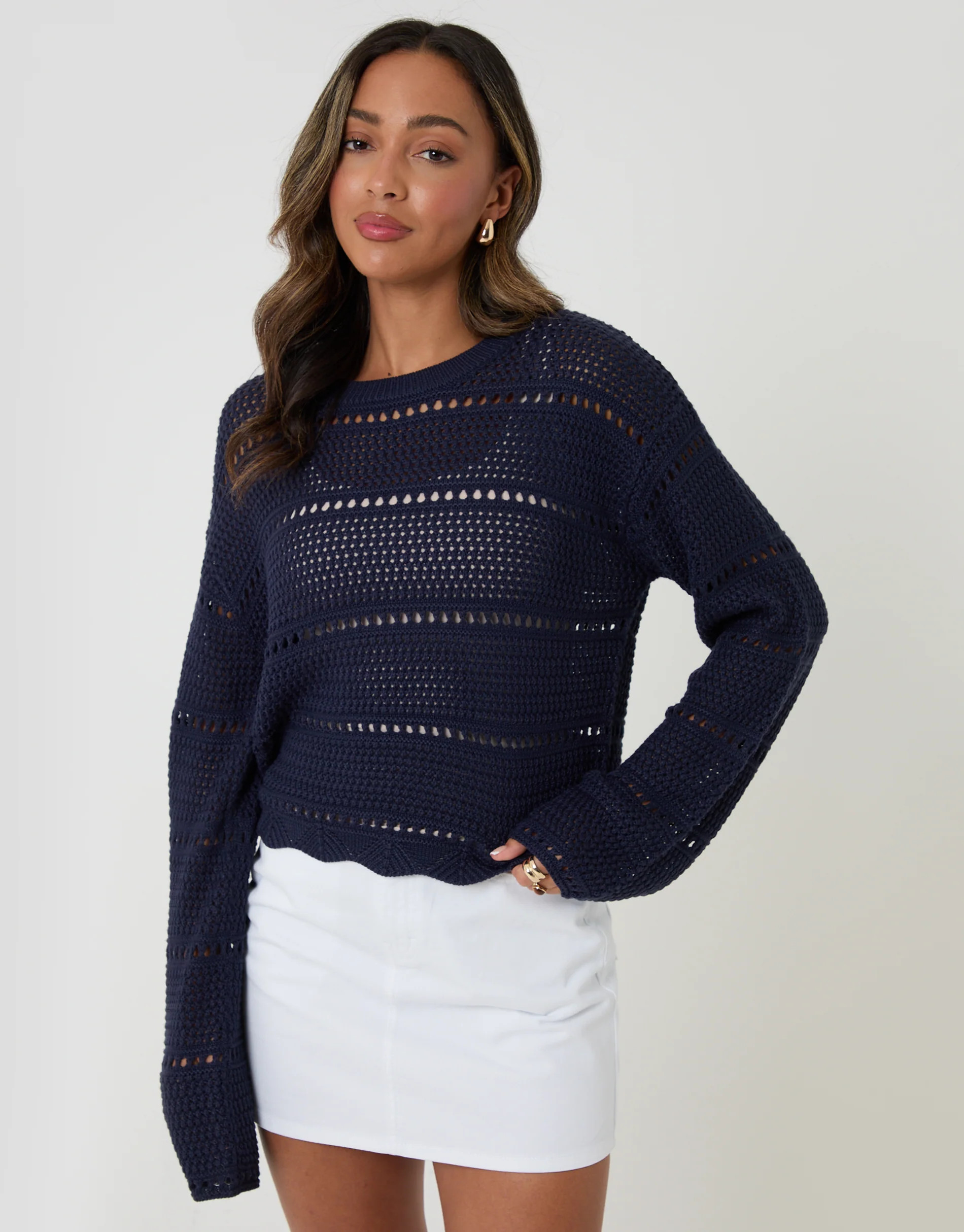 Navy Pointelle Knit Crew Neck Jumper | Threadbare