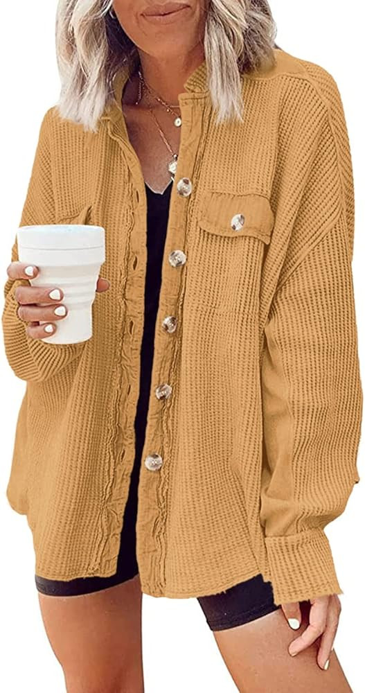 Yanekop Womens Waffle Knit Shacket Boyfriend Shirt Jacket Button Down Blouse Loose Fit Long Sleev... | Amazon (US)