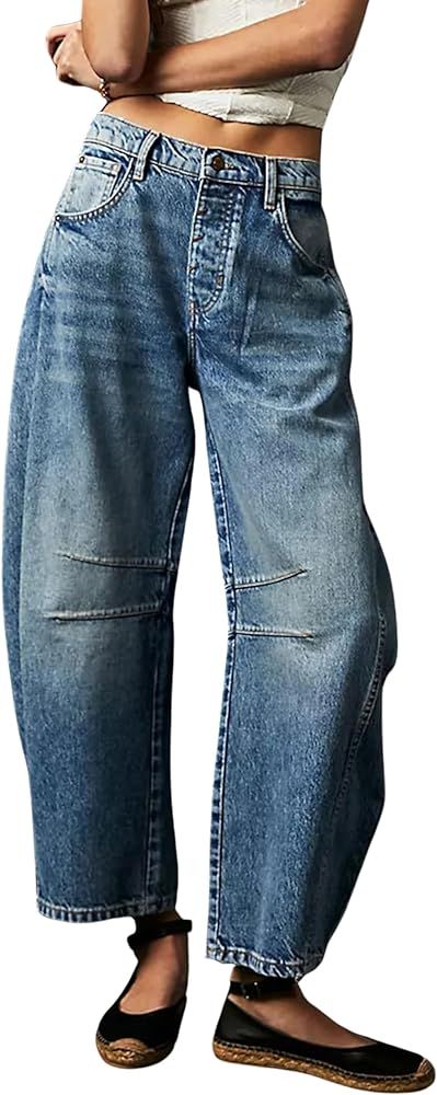 Women's Baggy Jeans Wide Leg Mid Waist Denim Pants Boyfriend Cropped Barrel Jeans with Pockets | Amazon (US)