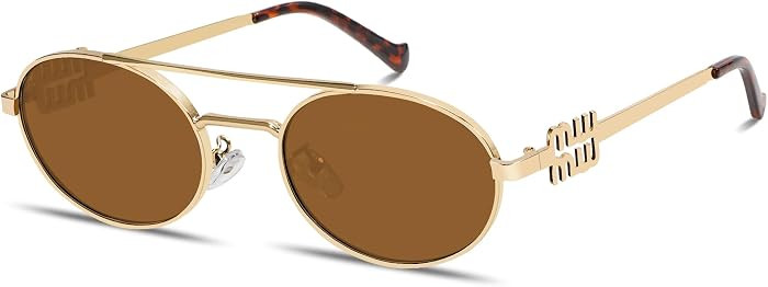 Rmerom Retro Gold Metal Oval 90s Sunglasses for Women Small Chic Sunnies | Amazon (US)