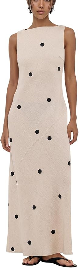 calbatic Women’s Polka Dot Cotton Linen Summer Vacation Maxi Dress Sleeveless Boat Neck Open Ba... | Amazon (US)