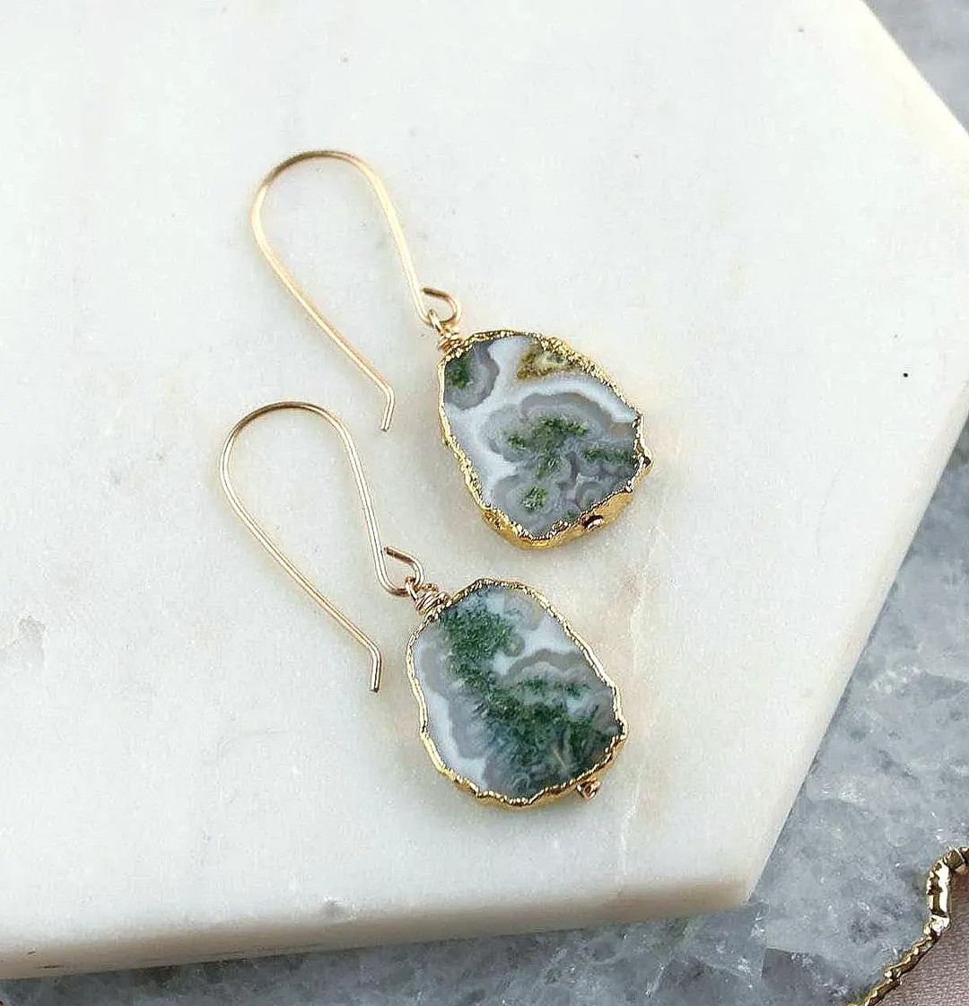 Moss Agate earrings, Tree agate jewelry, gemstone earrings gold, handmade boho earrings, raw crys... | Etsy (US)