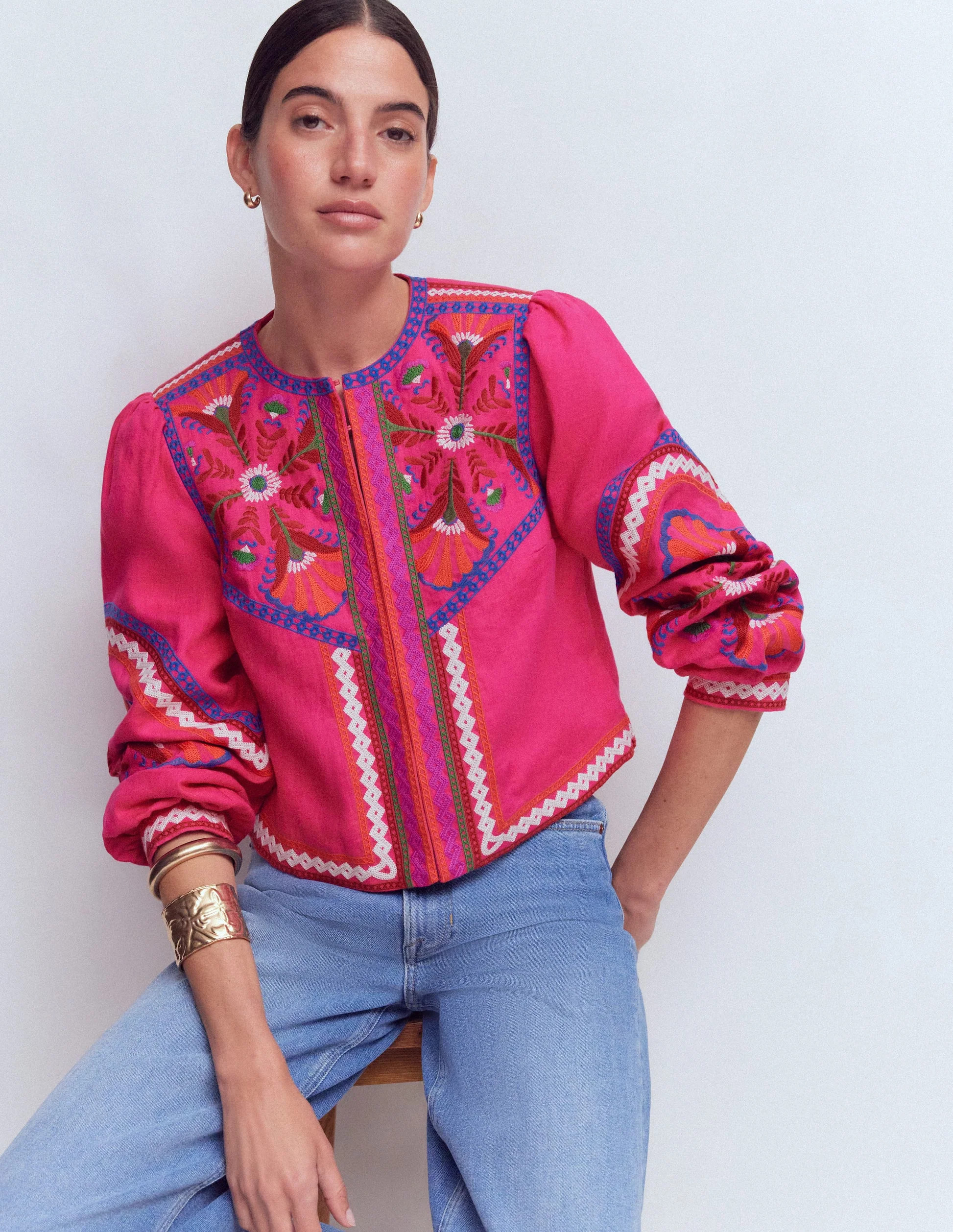 Embroidered Linen Jacket-Pink Peony, Embroidered | Boden (US)
