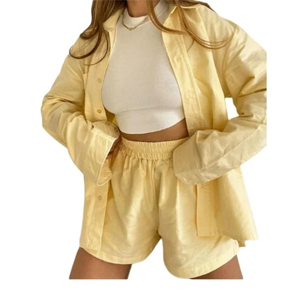 JYYYBF Women Casual Two Piece Shorts Set Loose Button Cardigan Shirt Elastic Waist Lounge Shorts ... | Walmart (US)