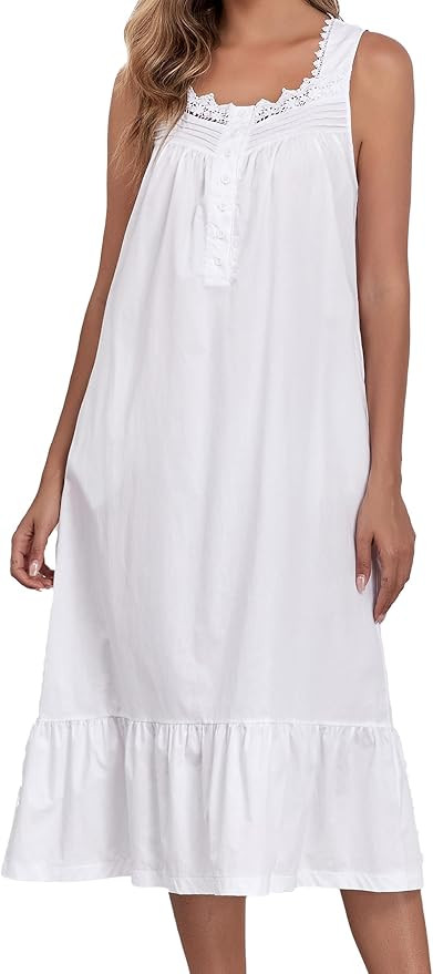 100% Cotton Nightgowns For Women Sleeveless Night Gown Long Sleep Dress With Pockets | Amazon (US)