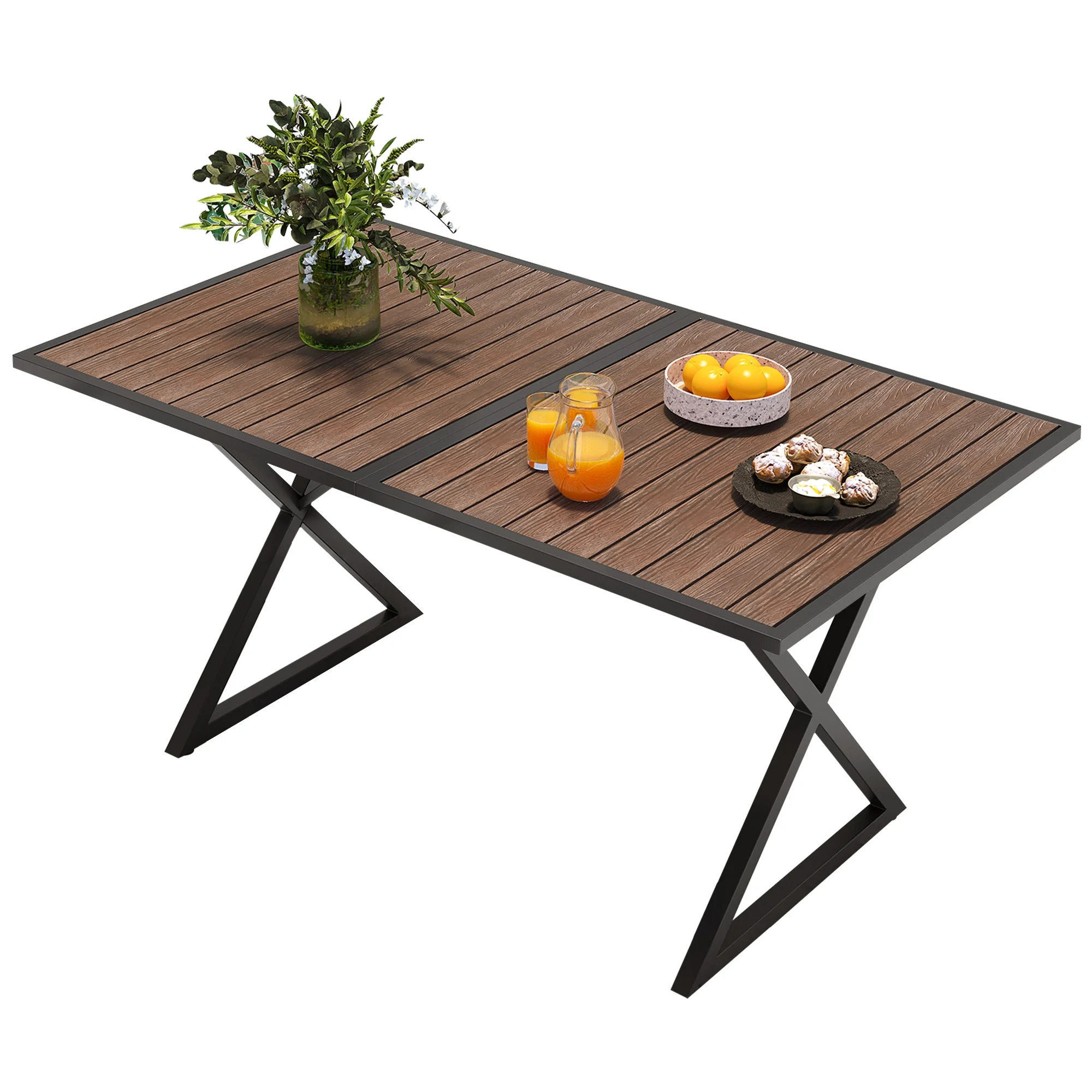 Dextrus 59" Rectangle Patio Outdoor Dining Table, Outside Table With Faux Wood Tabletop and Metal... | Walmart (US)