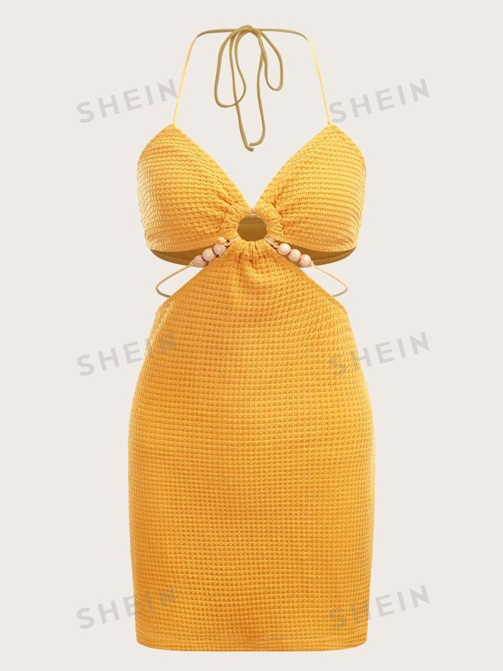 SHEIN ICON Ring Linked Bead Detail Tassel Tie Backless Halter Bodycon Dress | SHEIN