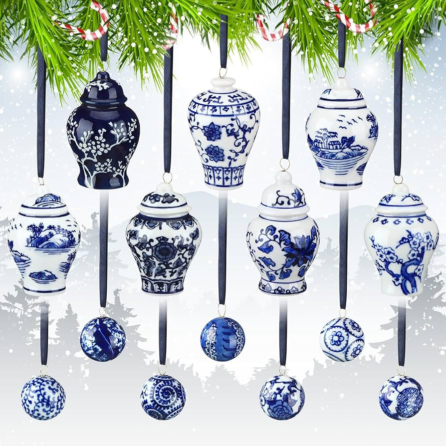 12 Pcs White and Blue Ginger Jar Christmas Ornaments Mini Porcelain Hanging Ornaments Ball Chinoi... | Amazon (US)