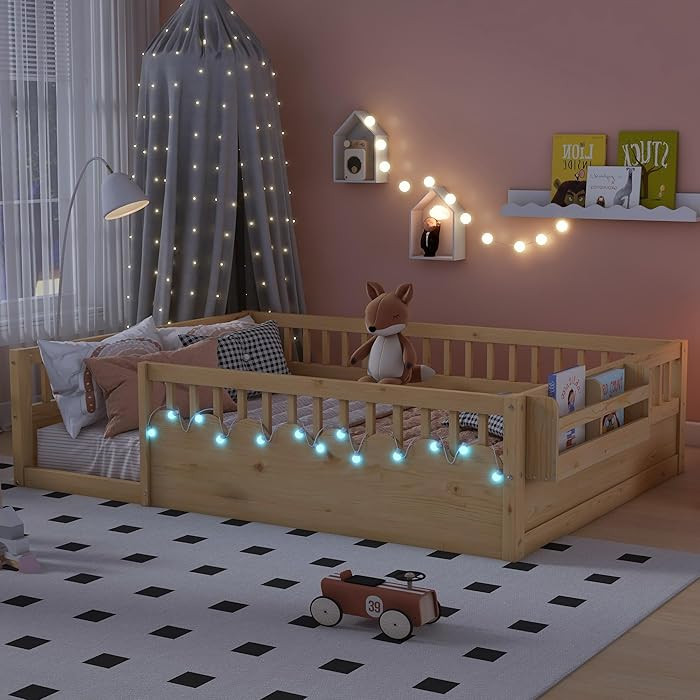Full Toddler Floor Bed with High Rails, Wooden Montessori Bed Frame with Light and Storage Shelf,... | Amazon (US)