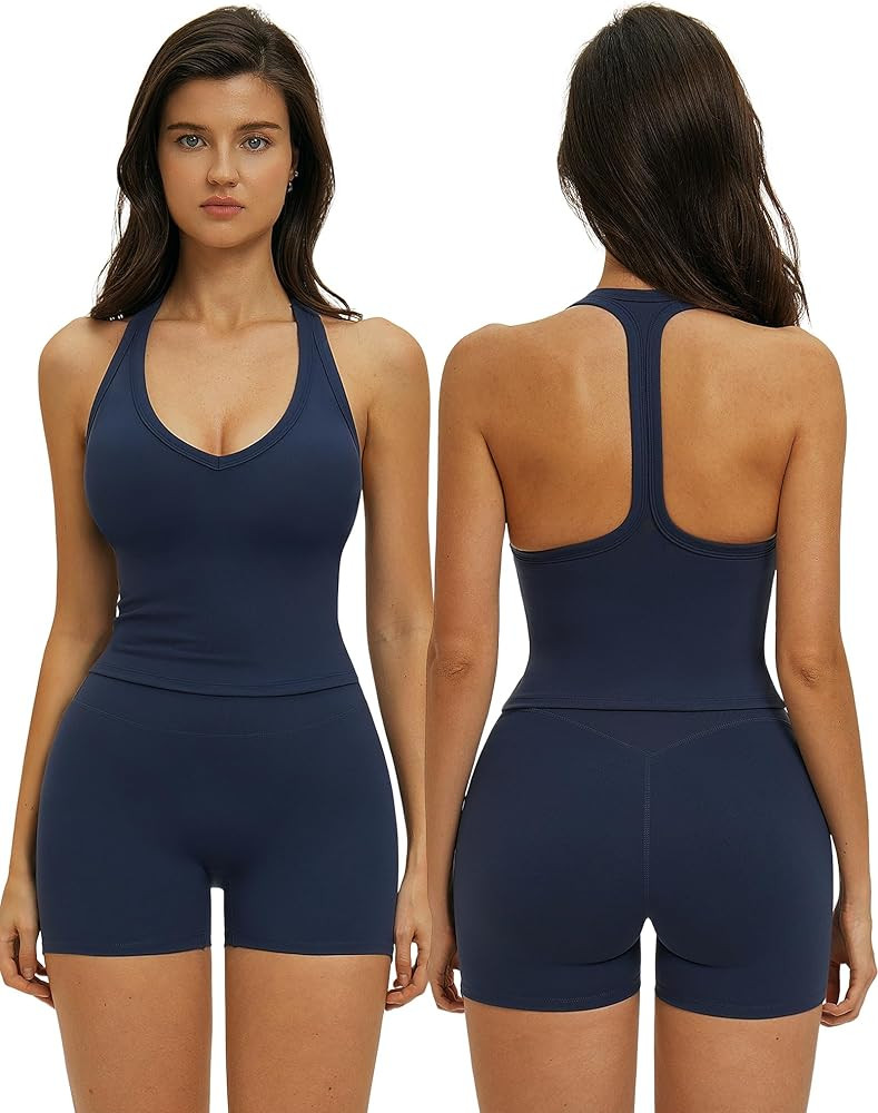 ABOCIW Workout Sets for Women 2 Piece Padded V Neck Racerback Tank Top Matching High Waist Biker ... | Amazon (US)