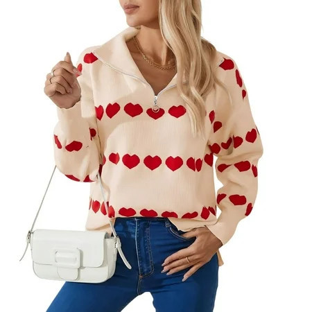 Nokdvo Fleece Quarter Zip Pullover Women Sherpa Heart Print Loose Sweaters Pullover Fall Winter Casual Long Sleeve Knit Knitted Sweater Beige S | Walmart (US)
