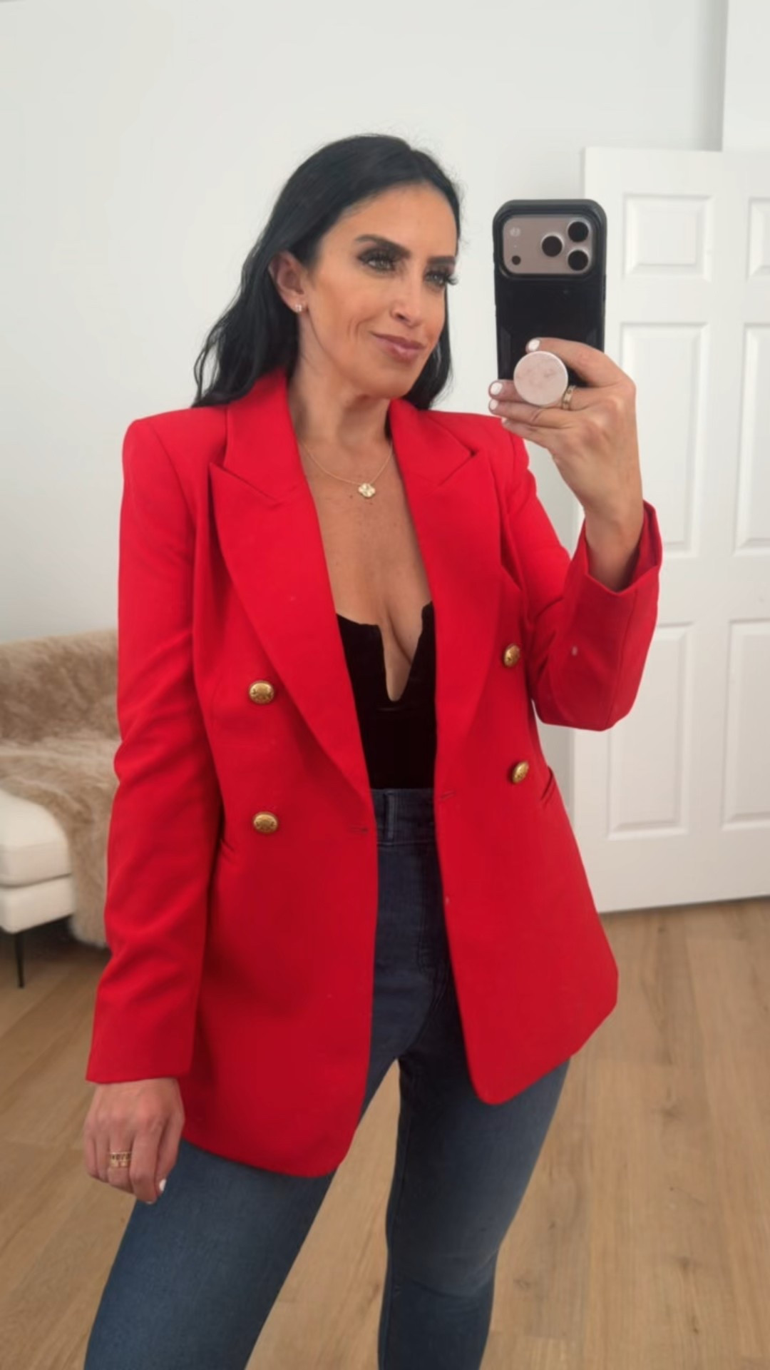 Signature Stretch Double Breasted Long Slim Blazer. Velvet Strapless V-Wire Bodysuit
