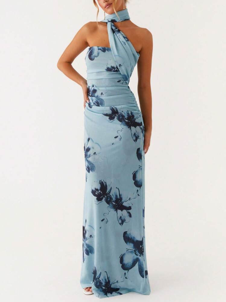 Women Floral Tube Maxi Dress With Scarf Y2k Strapless Backless Long Bodycon Dresses Formal Cocktail Sundress | SHEIN