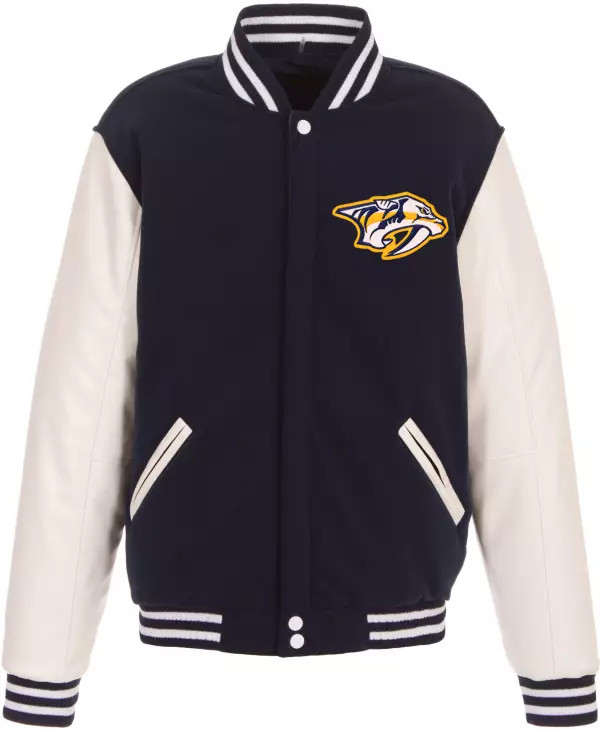 JH Design Nashville Predators Navy Logo Reversible Varsity Jacket | Dick's Sporting Goods | Dick's Sporting Goods