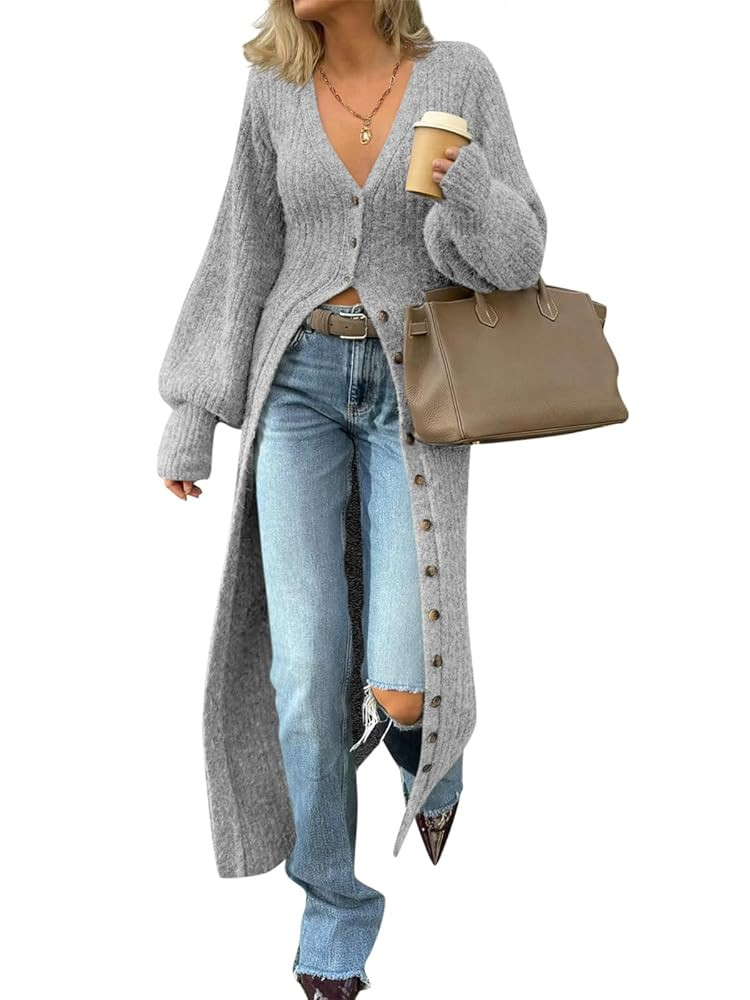 Saodimallsu Womens Long Cardigans V Neck Button Down Chunky Knit Dusters Sweater Coat Fall Trendy... | Amazon (US)