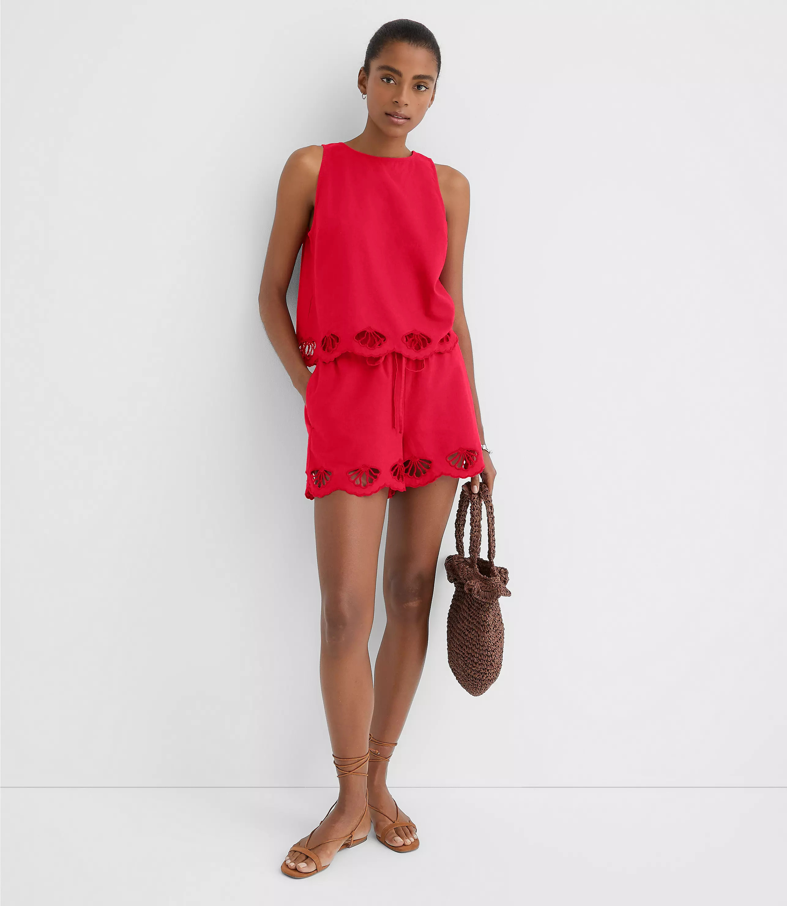 LOFT Beach Seashell Embroidered Linen Cotton Shorts | LOFT