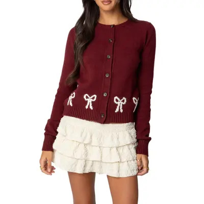 EDIKTED Rona Intarsia Bow Cardigan in Burgundy at Nordstrom, Size X-Small | Nordstrom