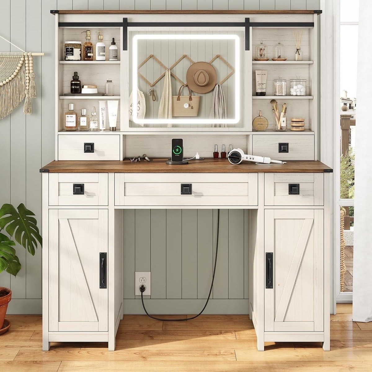 The Farmhouse Makeup Vanity Desk with Sliding Mirror & Lights combines charming farmhouse style with thoughtful functionality. Its 47.2” wide design, 5 drawers, 2 cabinets, sliding mirror, built-in lighting, and charging station make it a beautiful and practical centerpiece for a bedroom or beauty space. ON SALE and under $300.

Ideas:

* farmhouse vanity
* makeup room
* vanity organization
* bedroom décor
* beauty space

Keywords:

* makeup vanity
* farmhouse vanity
* vanity desk
* vanity with mirror
* lighted vanity
* sliding mirror vanity
* makeup vanity desk
* vanity with drawers
* makeup storage
* vanity with charging station
* bedroom vanity
* beauty room décor
* glam room
* white bedroom furniture
* farmhouse bedroom décor

#LTKgrwm #LTKHome #LTKSaleAlert