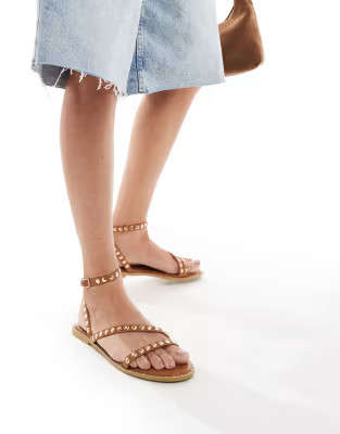 SEQWL Wide Fit flat sandals with studded straps in tan | ASOS (Global)
