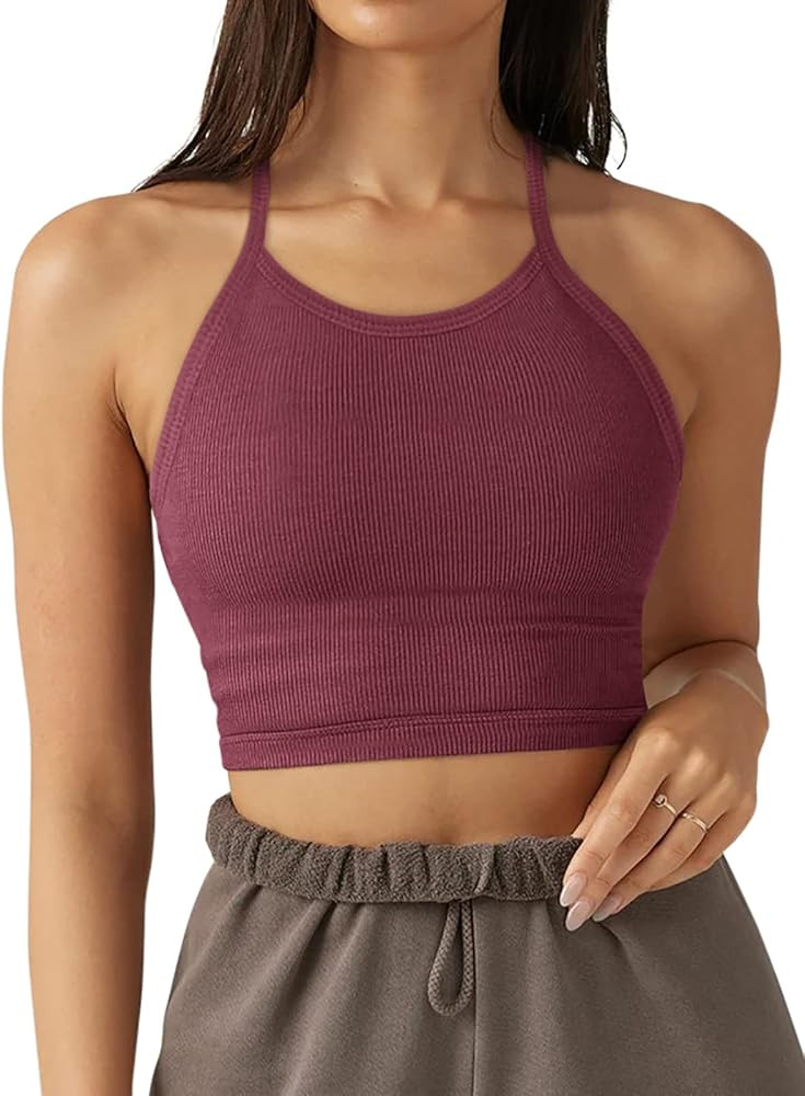 LASLULU Sports Bra for Women Crop Tops Racer Back Tank Tops Longline Workout Yoga Bra Halter Neck... | Amazon (US)