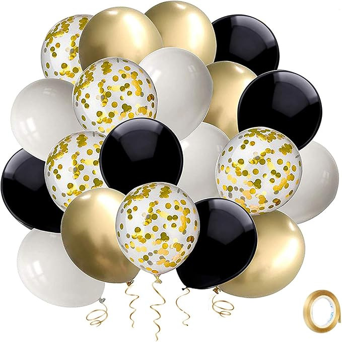 Black and Gold Confetti Balloons, 50 Pack 12inch White Latex Party Balloon Set with Gold Ribbon f... | Amazon (US)
