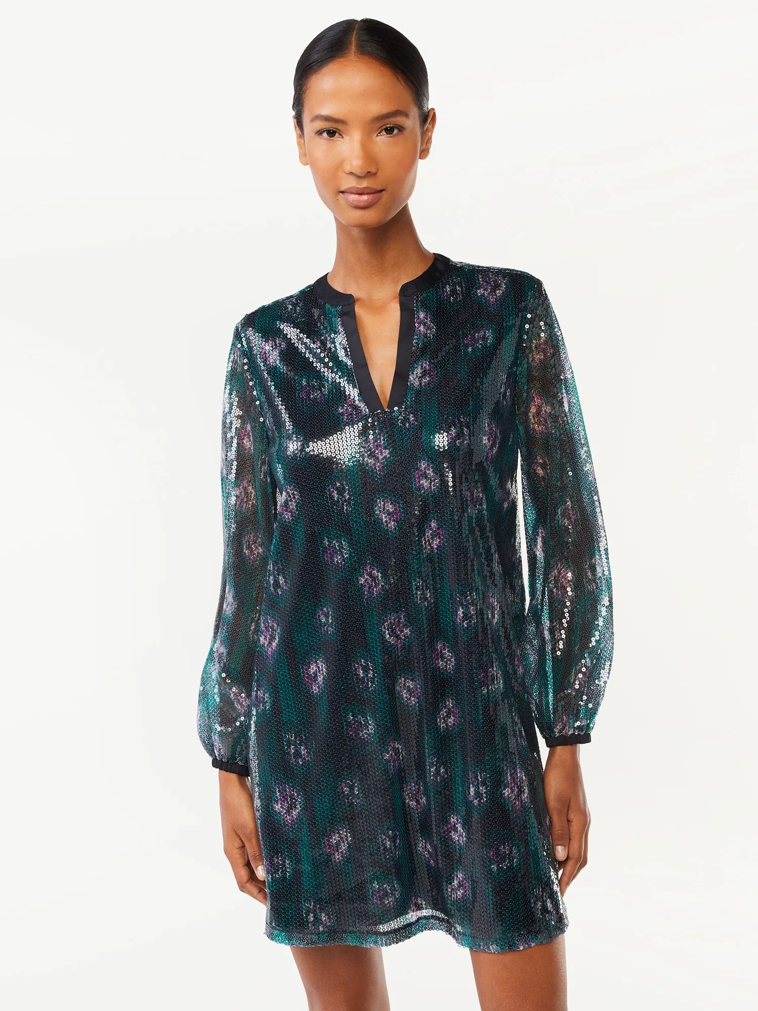 Scoop Women's Printed Sequin Dress with Long Sleeves | Walmart (US)