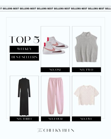 Top 5 weekly best sellers. I love these high top Nike's and Abercrombie sweater tank. This sweater maxi dress is perfect for date night and pink Abercrombie sweats are so cozy for lounging. Don't miss this crochet crop top perfect for a beach vacation. 

#LTKtravel #LTKSeasonal #LTKstyletip