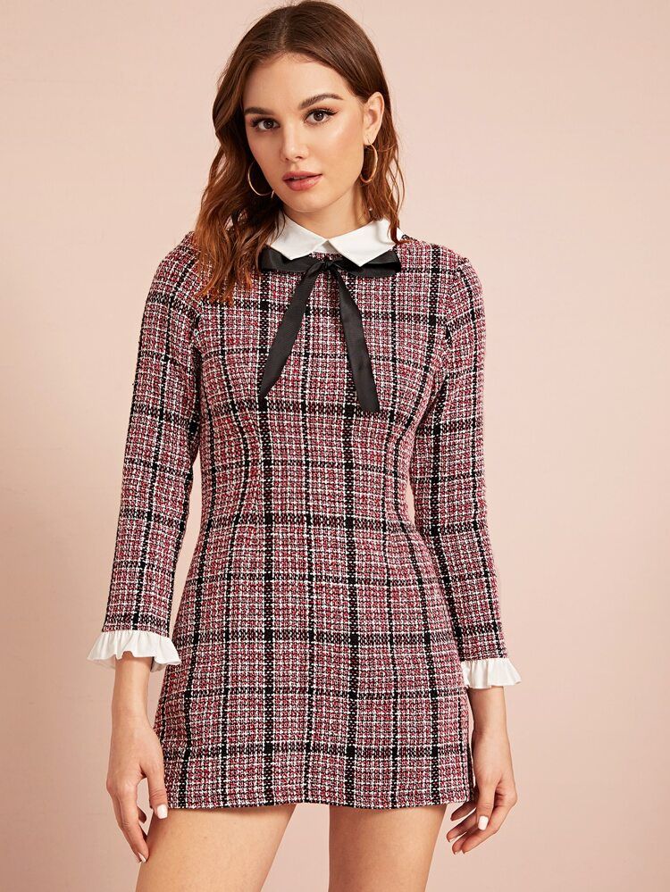 Plaid Tie Detail Ruffle Cuff Tweed Dress | SHEIN