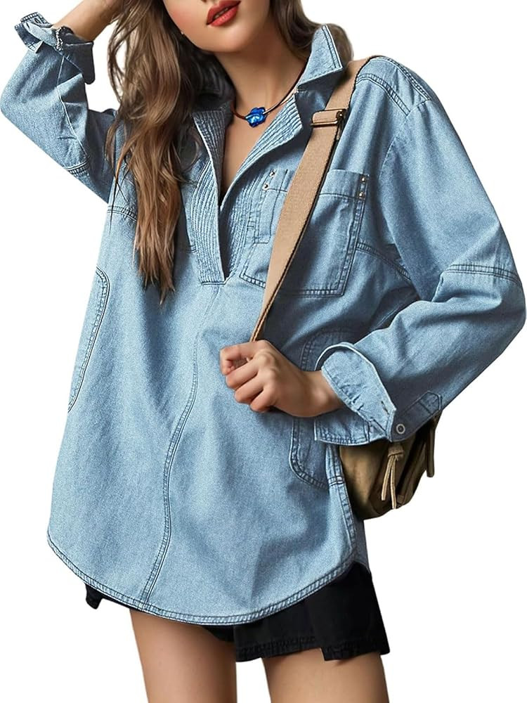 Women's Long Sleeve Denim Tops Casual V Neck Loose Fit Jean Pullover Shirt Jacket with Pockets | Amazon (US)
