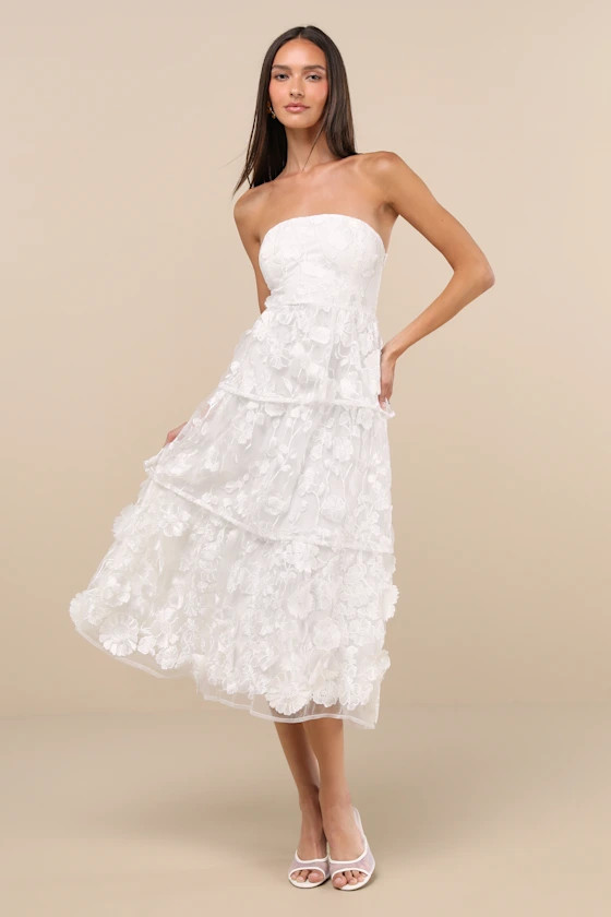 Pomina White 3D Floral Appliques Tiered Midi Dress | Lulus