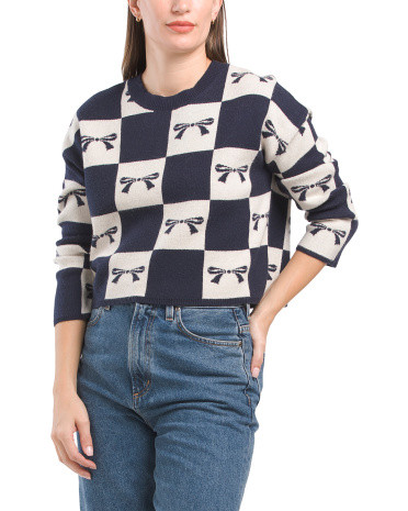 Long Sleeve Bow Print Checkered Sweater | TJ Maxx