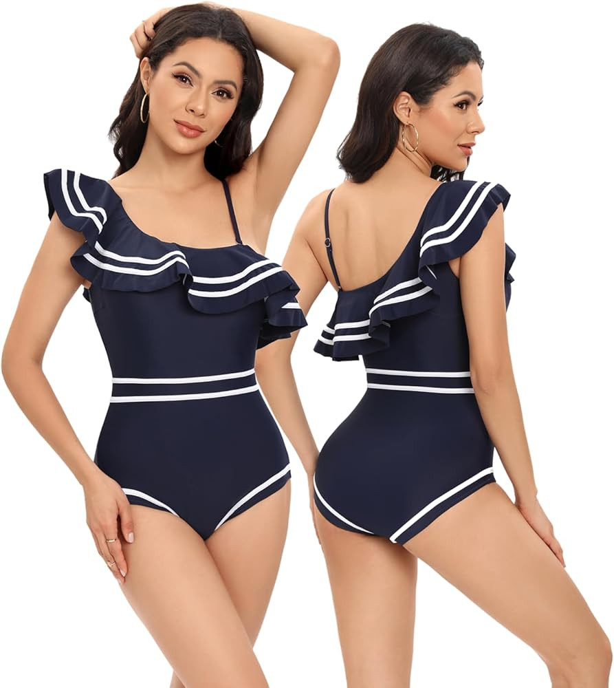 Elegant Taste Women's One Piece Swimsuit One Shoulder Ruffle High Waisted Bathing Suits | Amazon (US)
