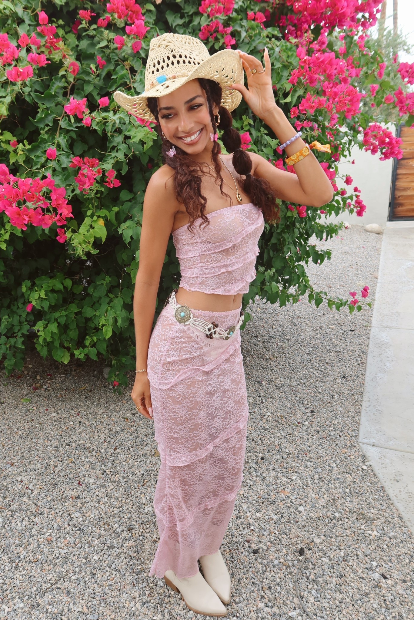 Coastal cowgirl festival look 🌸🌊 
Loved this matching set! Sheer lace maxi skirt with a crop top from Edikted. It was the perfect festival outfit & added the fringe belt to add more accessories. 
Wanted to go for a more coastal cowgirl look so adding the cowgirl hat from Amazon with cowgirl boots from Target was the perfect addition! 

Size: XS

#LTKootd #LTKSeasonal #LTKFestival