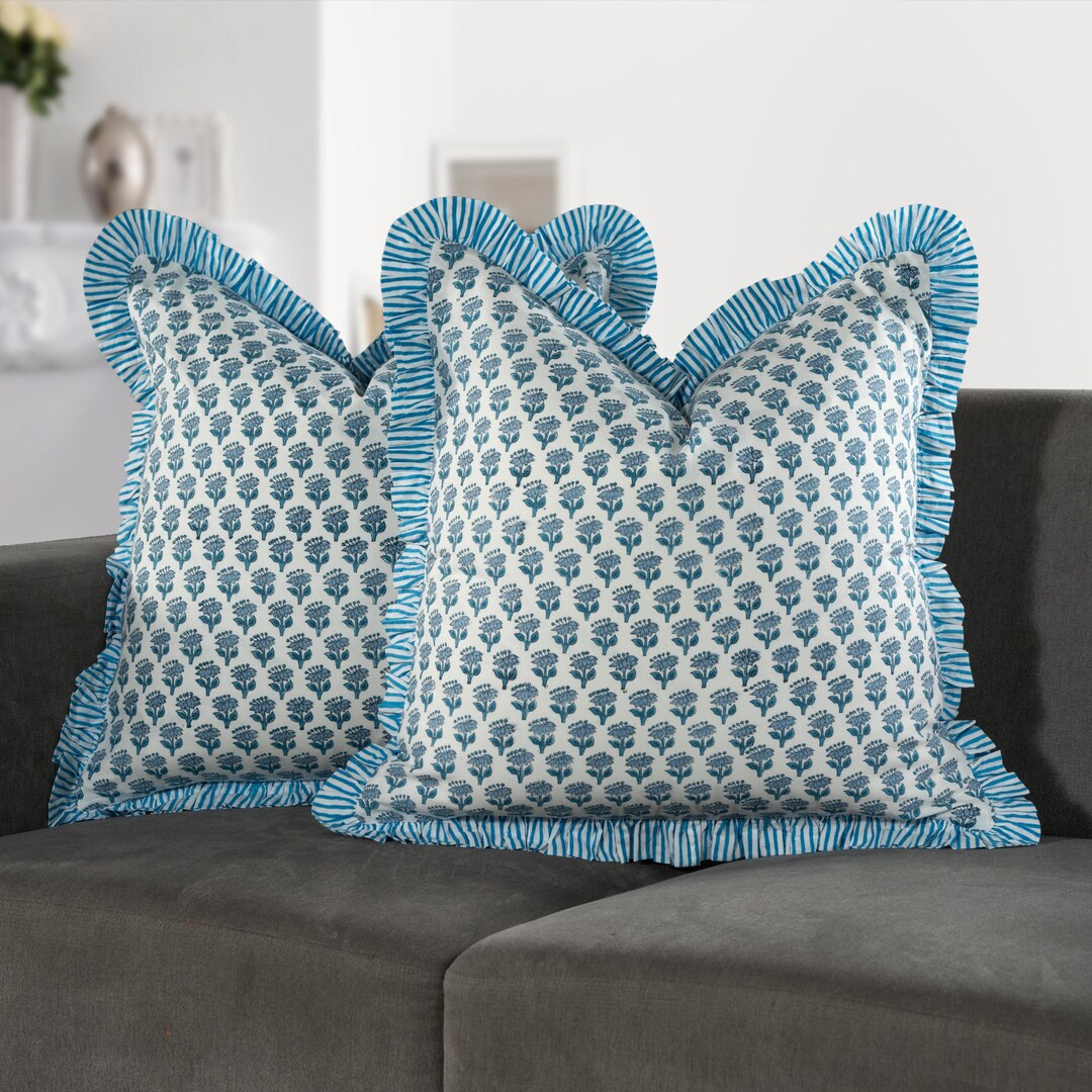 CPC Apatite Blue Cotton Block Print Ruffle Throw Bed Pillow Covers for Couch, Decorative Couch Pi... | Etsy (US)