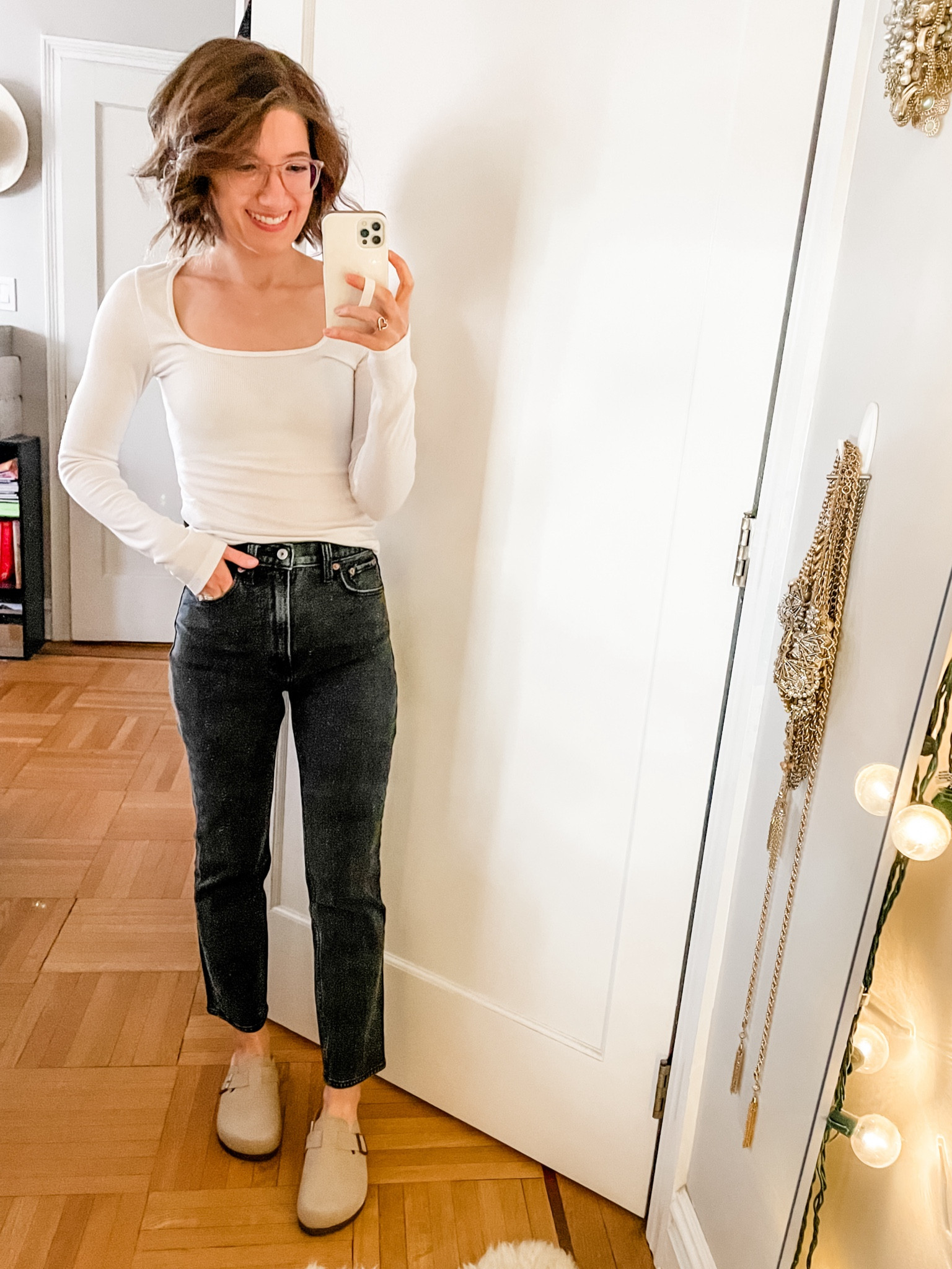 Square neck long sleeve tee: TTS
Jeans: size up 1 size. Wearing the regular length. 
Boston look for less clogs: TTS

#LTKsalealert #LTKshoecrush #LTKstyletip