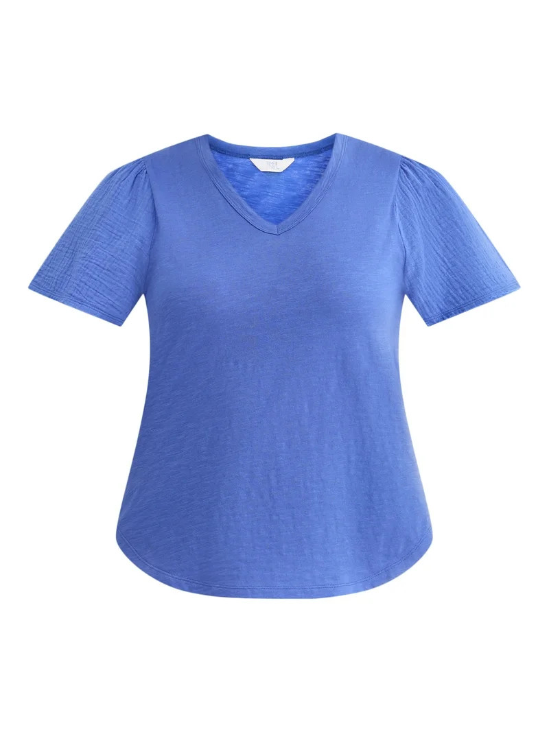 Time and Tru Women's Cotton Mixed Fabric V Neck Tee, Sizes XS-XXXL - Walmart.com | Walmart (US)