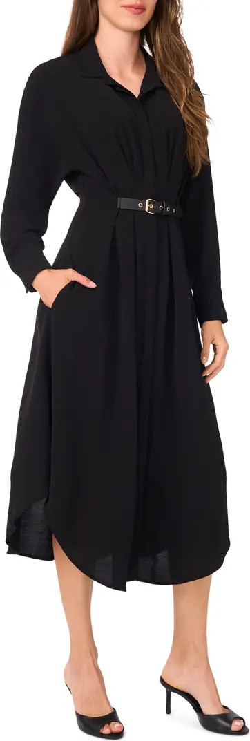 Halogen® Pleated Long Sleeve Belted Waist Midi Shirtdress | Nordstrom | Nordstrom