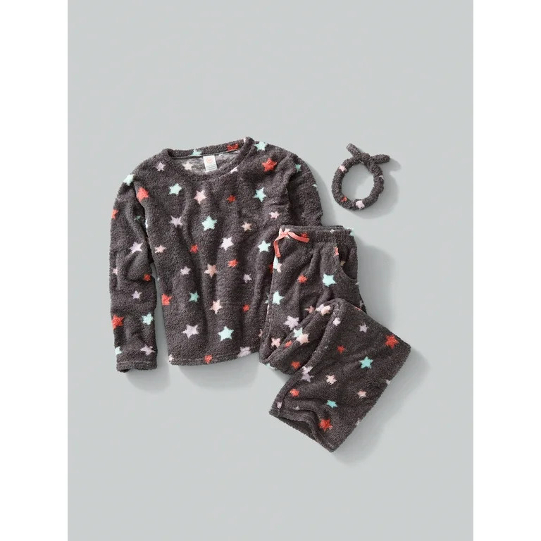 Wonder Nation Girls’ Long Sleeve Plush Pajama Top and Pants with Headband, 3-Piece Set, Sizes 4... | Walmart (US)