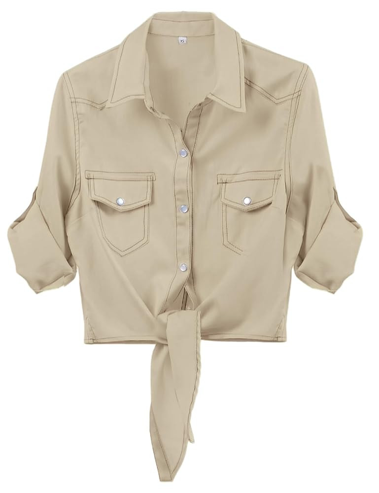 Omoone Women's 3/4 Sleeve Denim Crop Top Tie Knot Shirt Cardigan | Amazon (US)