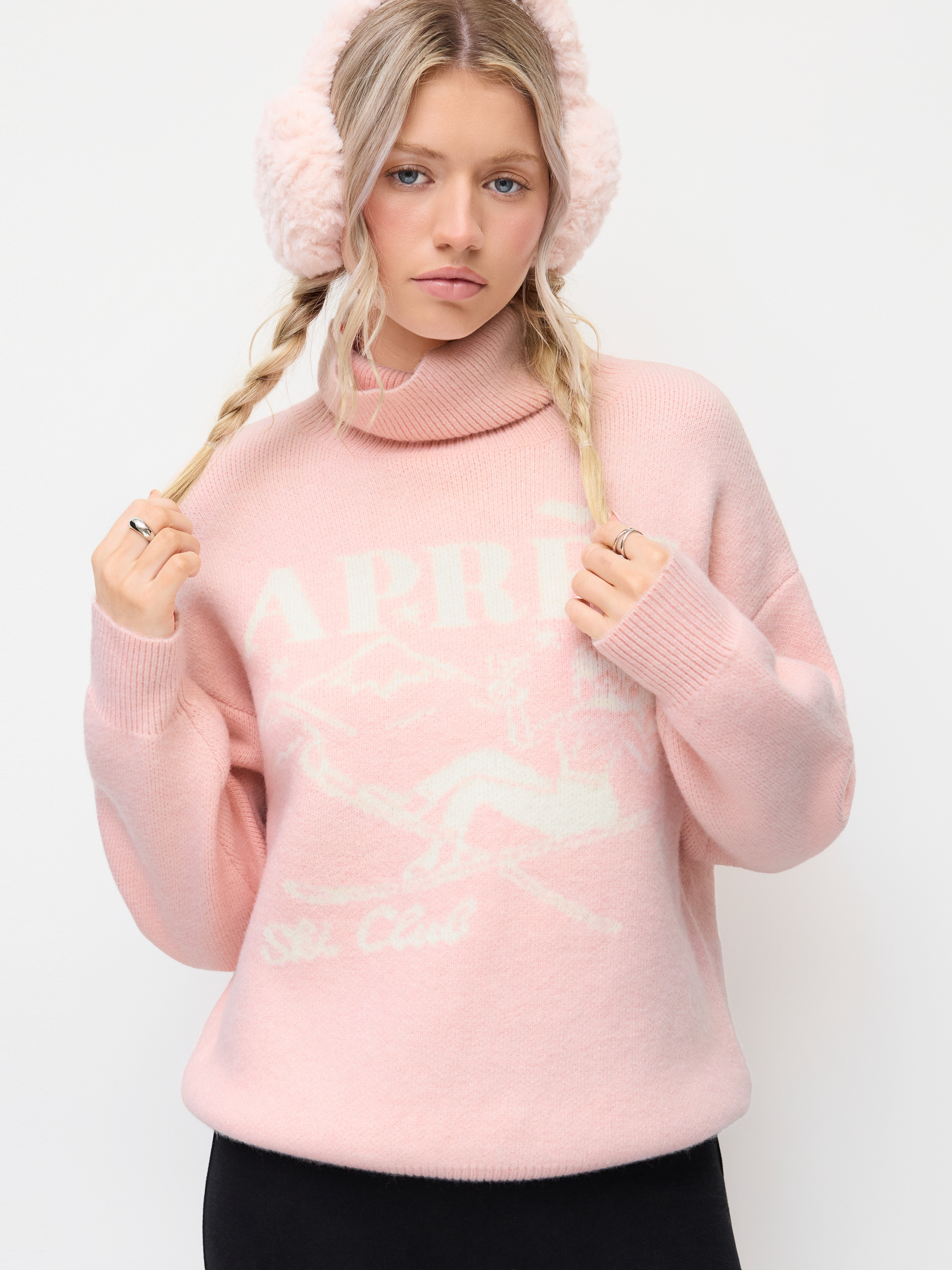 Knit Fabric Knit APRÈS Graphic Turtleneck Long Sleeve Oversized Sweater For Daily Casual | Cider