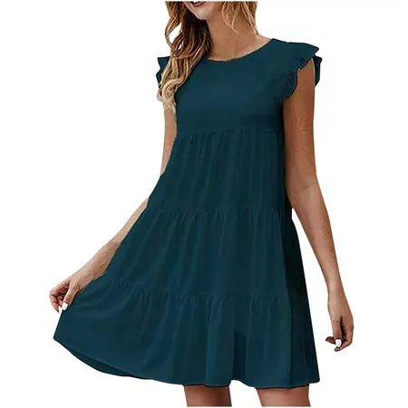 USSUMA Ruffle Tiered Tunic Swing Beach Dresses for Women Casual Summer Crewneck Ruffle Sleeve Plus M | Walmart (US)